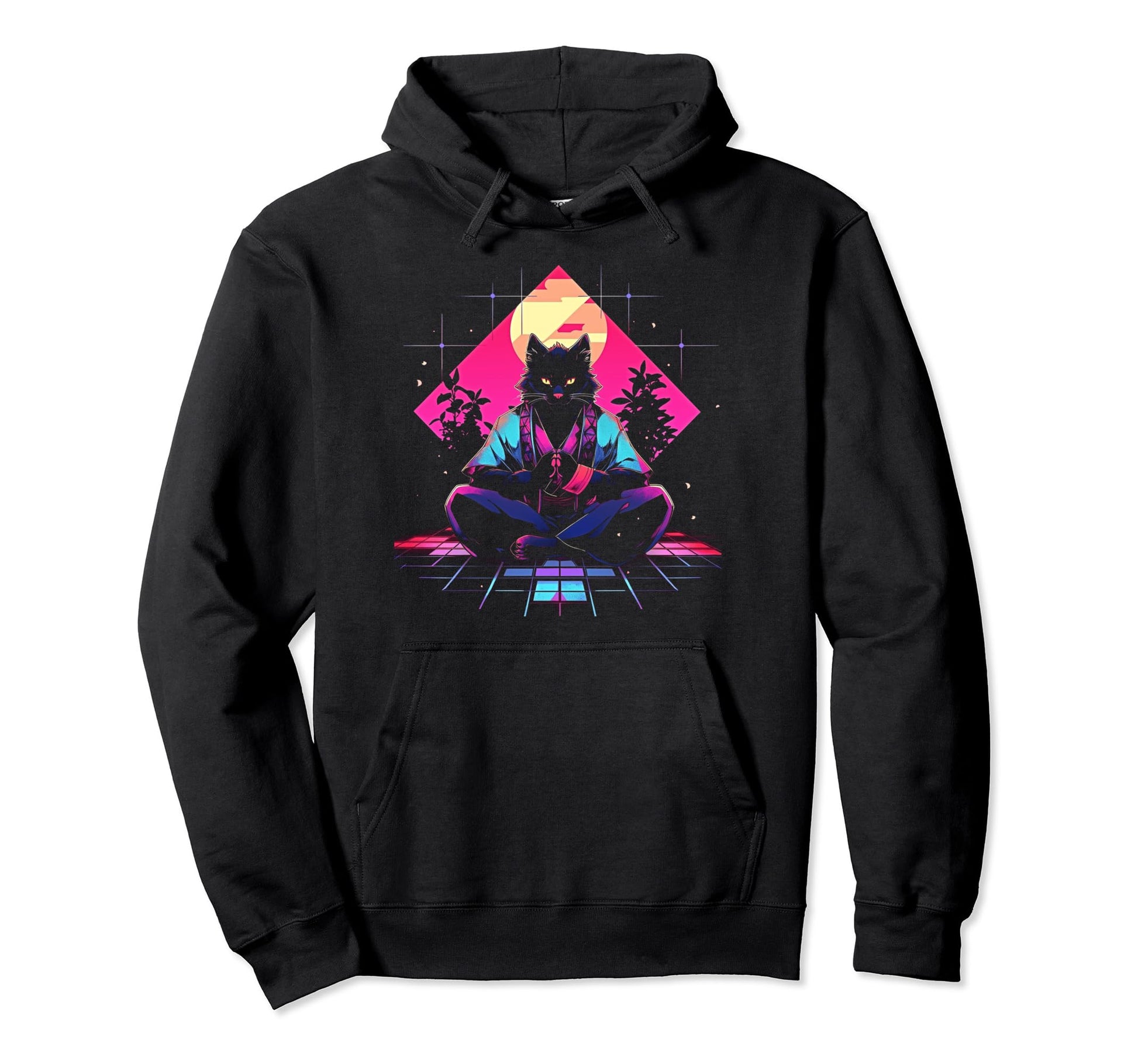 Synthwave Cat Samurai Mediation Hoodie - Custom Art Print Men Women - T-Shirt, Sweatshirt, Hoodie