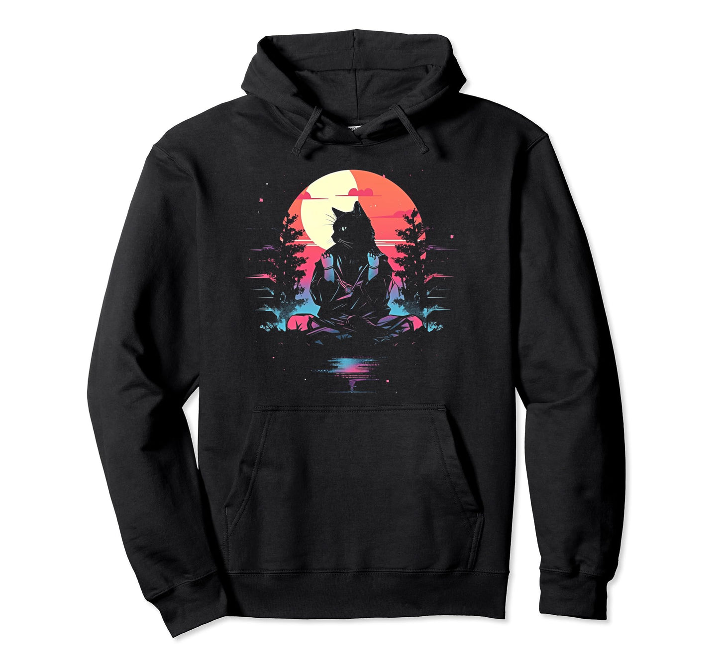 Synthwave Cat Samurai Mediation Hoodie - Aesthetic Graphic for Adults - T-Shirt, Sweatshirt, Hoodie