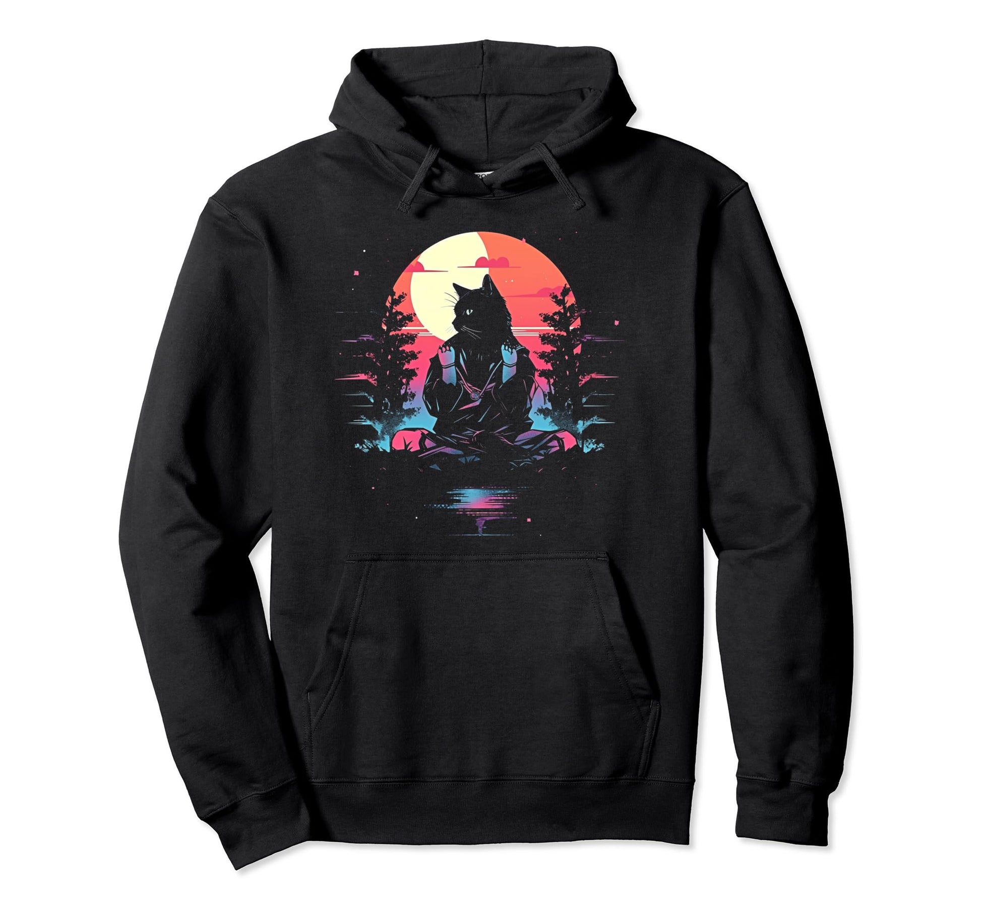 Synthwave Cat Samurai Mediation Hoodie - Aesthetic Graphic for Adults - T-Shirt, Sweatshirt, Hoodie