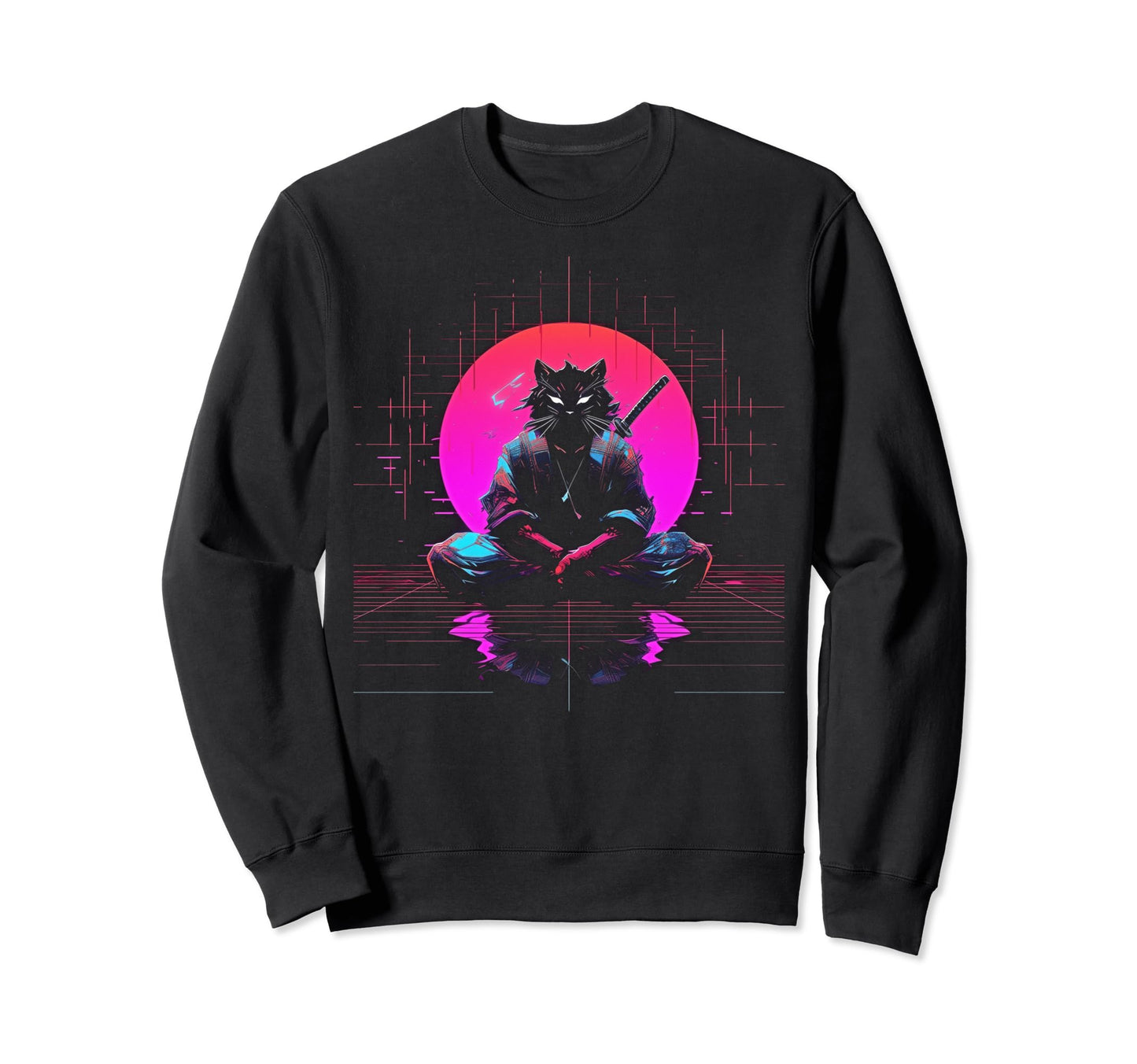 Synthwave Cat Samurai Mediation Sweatshirt - Streetwear Style Men Women - T-Shirt, Sweatshirt, Hoodie