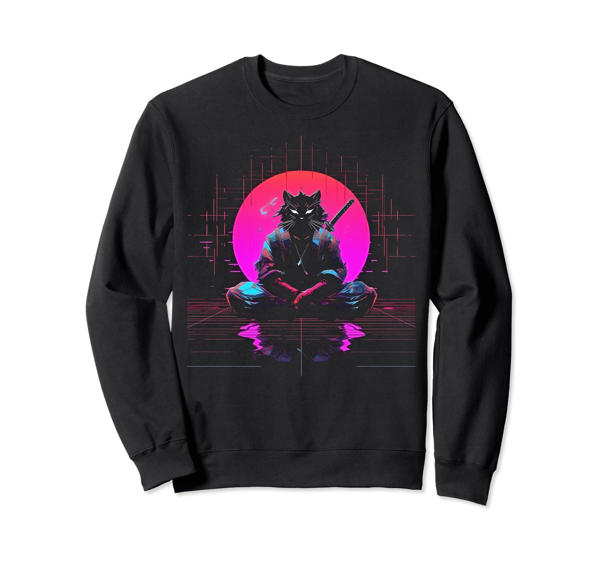 Synthwave Cat Samurai Mediation Sweatshirt - Streetwear Style Men Women - T-Shirt, Sweatshirt, Hoodie
