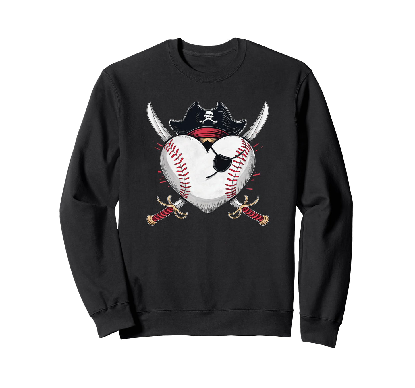 Pirate Baseball Heart Skull Hat Sweatshirt - Unique Graphic Unisex - T-Shirt, Sweatshirt, Hoodie