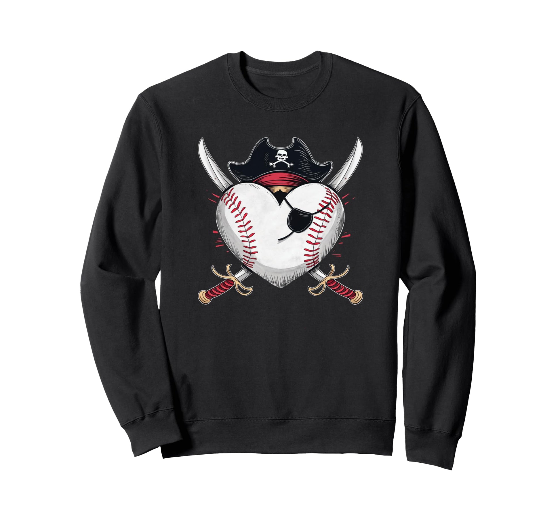 Pirate Baseball Heart Skull Hat Sweatshirt - Unique Graphic Unisex - T-Shirt, Sweatshirt, Hoodie