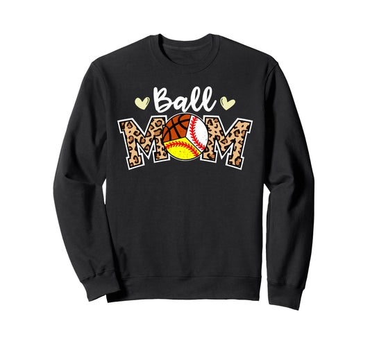 Ball Mom Leopard Baseball Softball Sweatshirt - Unique Graphic Men Women - T-Shirt, Sweatshirt, Hoodie