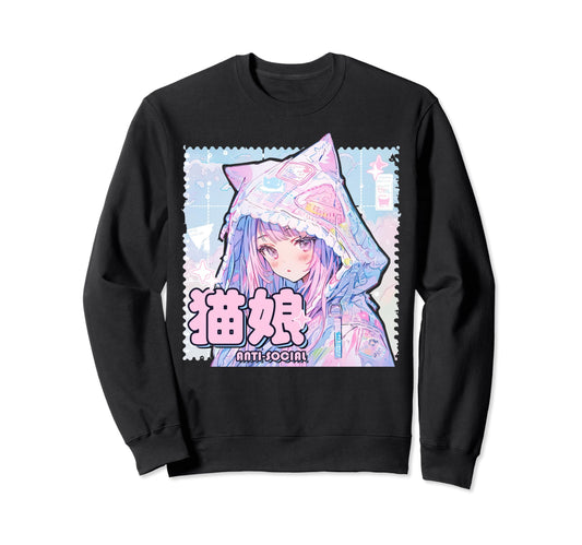 Anti Social Neko Anime Y2K Kawaii Sweatshirt - Graphic Print Men Women - T-Shirt, Sweatshirt, Hoodie