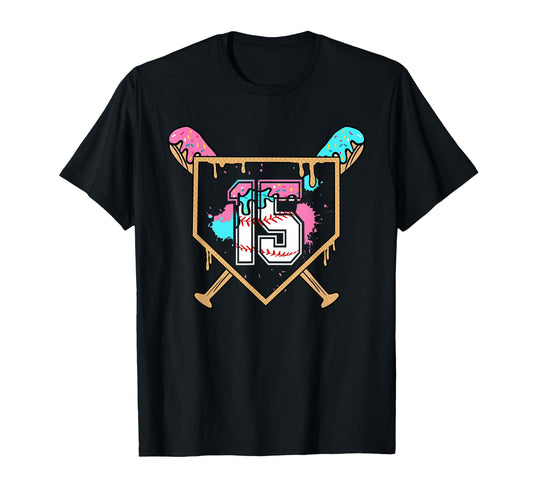 15Th Birthday Baseball Bat Ice Cream Drip T-Shirt - Graphic Print Unisex - T-Shirt, Sweatshirt, Hoodie