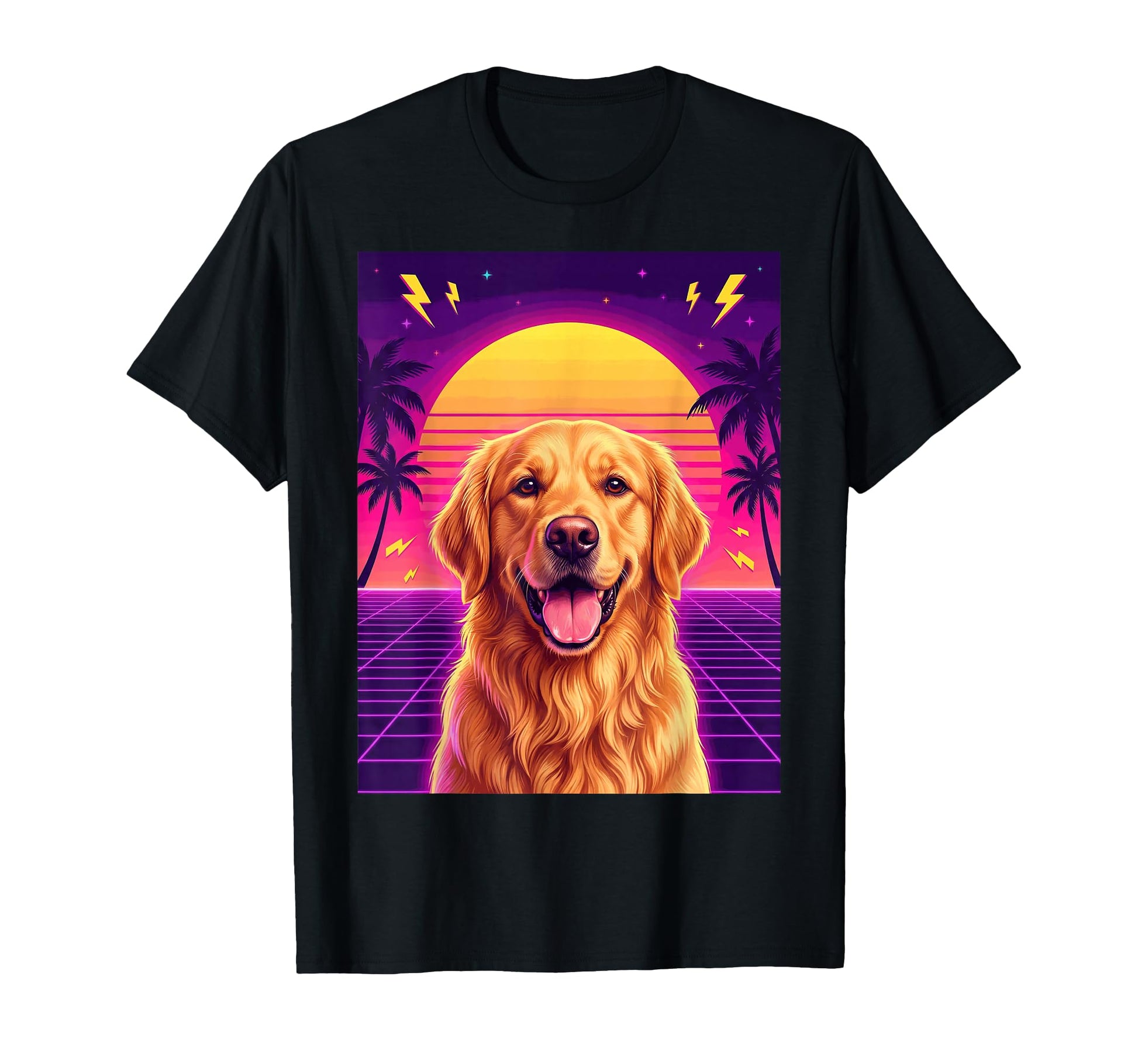 Synthwave Golden Retriever Sunset 80S T-Shirt - Fun Novelty Design Unisex - T-Shirt, Sweatshirt, Hoodie