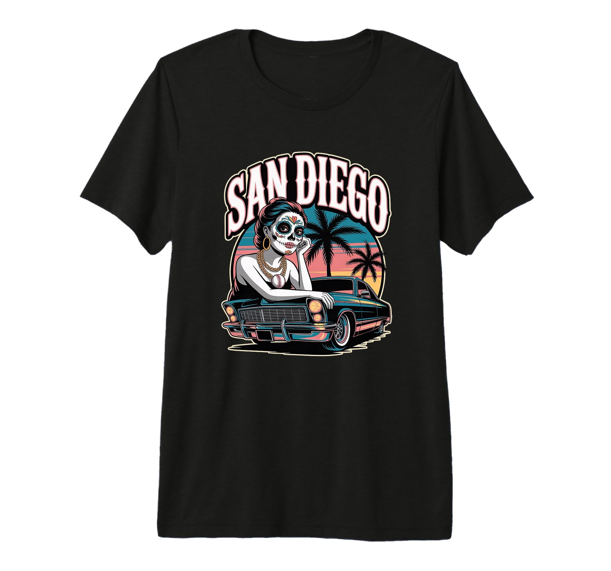 San Diego Sugar Skull Low Rider T-Shirt - Casual Everyday Wear for Adults - T-Shirt, Sweatshirt, Hoodie