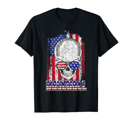 Baseball American Flag Skull Sunglass T-Shirt - Novelty Apparel for Adults - T-Shirt, Sweatshirt, Hoodie