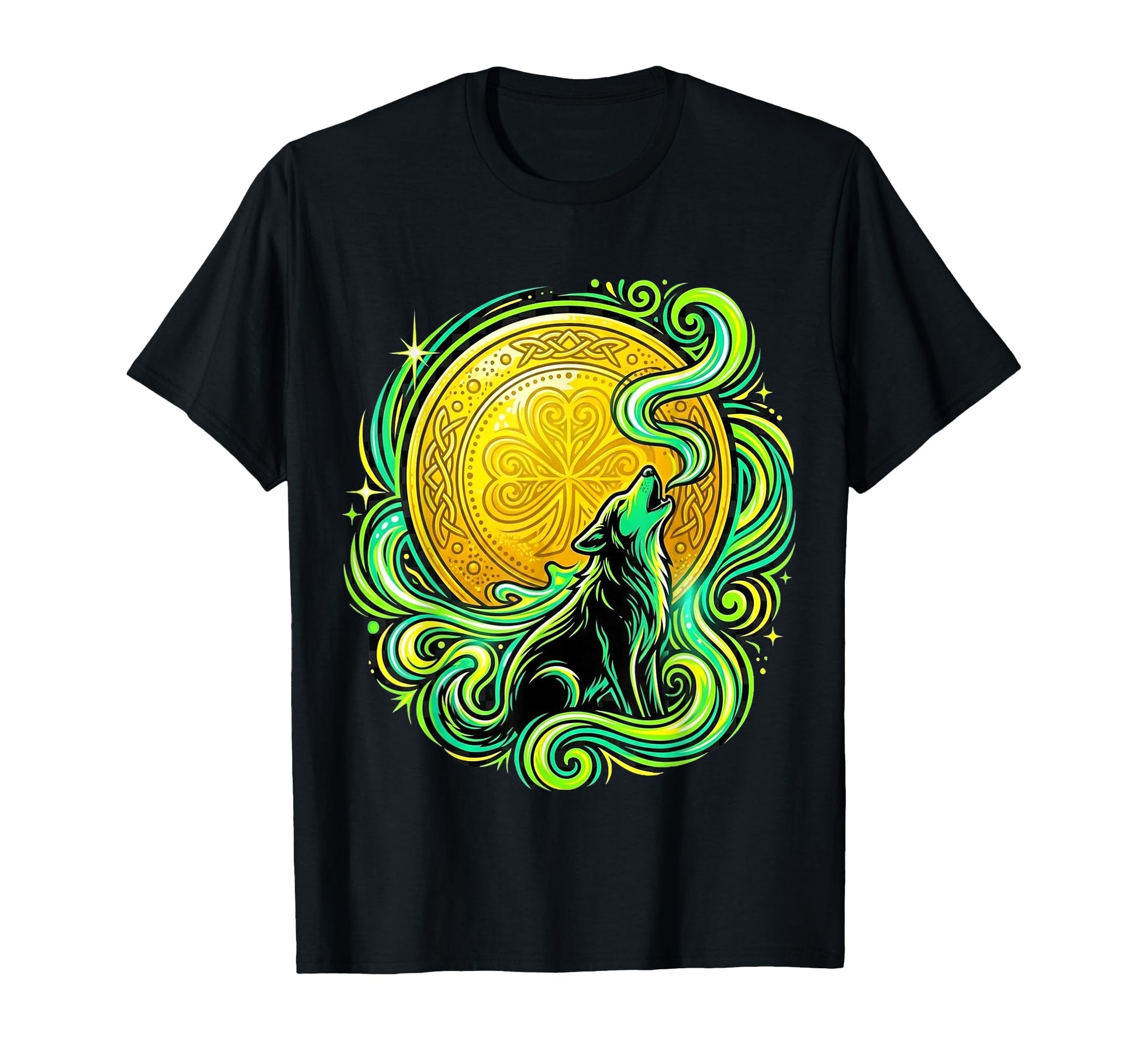 Lucky Irish Howling Dog Shamrock Moon T-Shirt - Unique Graphic Men Women - T-Shirt, Sweatshirt, Hoodie