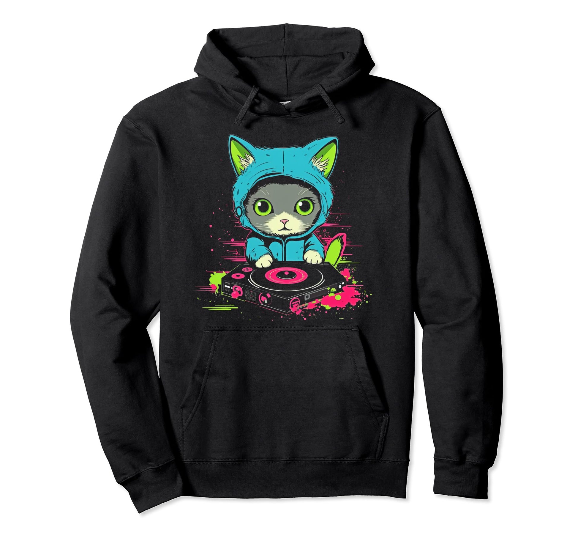 Kawaii Cat Dj Japanese Edm Y2K Hoodie - Minimalist Print for Adults - T-Shirt, Sweatshirt, Hoodie