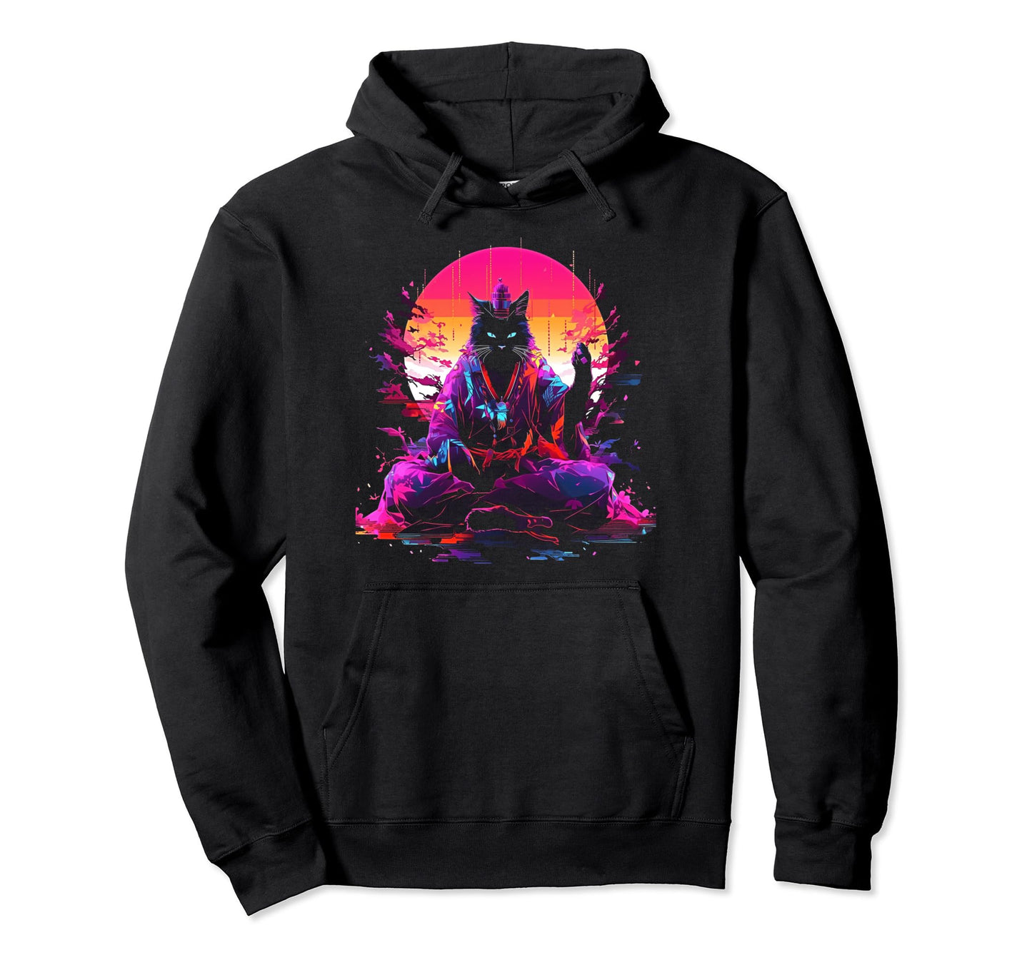 Synthwave Cat Samurai Mediation Hoodie - Minimalist Print for Adults - T-Shirt, Sweatshirt, Hoodie