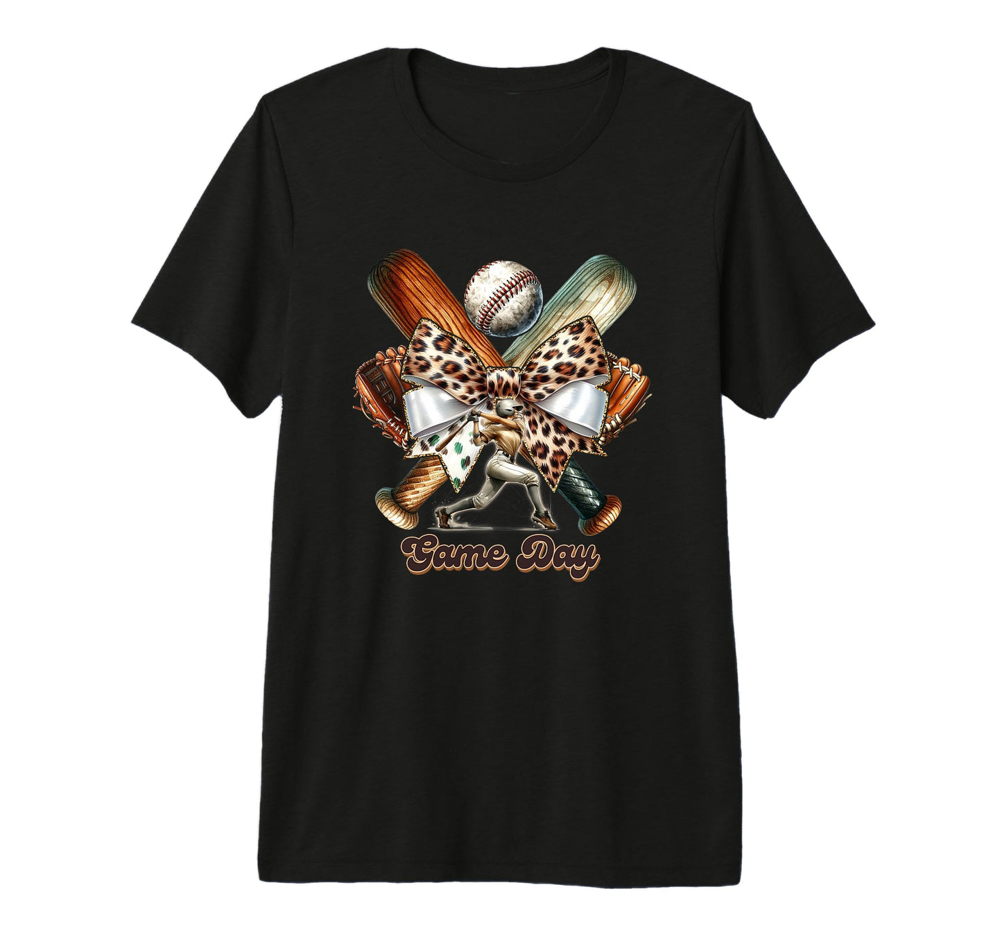 Game Day Baseball Bat Bow Leopard Tri T-Shirt - Trendy Graphic for Adults - T-Shirt, Sweatshirt, Hoodie