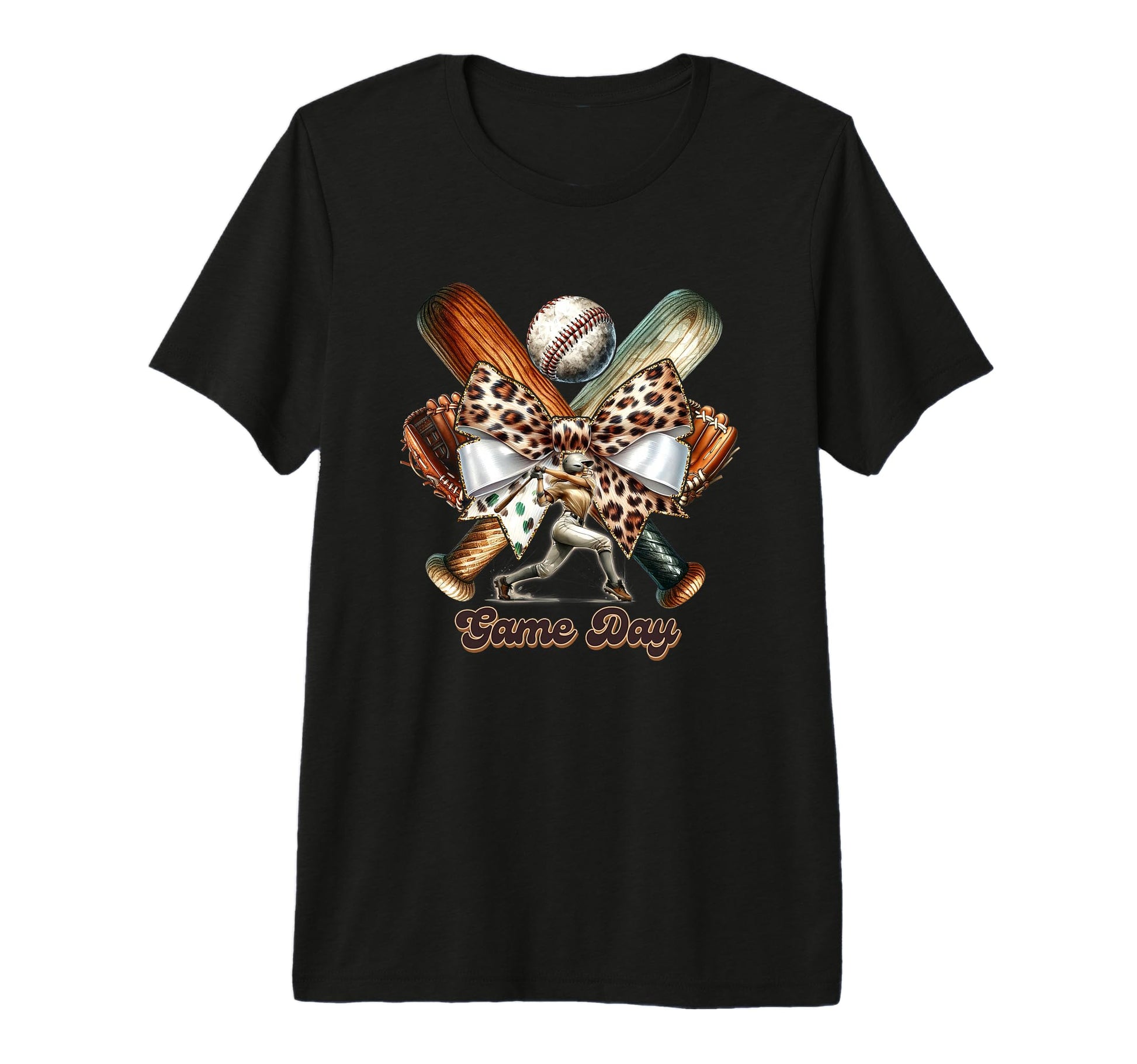 Game Day Baseball Bat Bow Leopard Tri T-Shirt - Trendy Graphic for Adults - T-Shirt, Sweatshirt, Hoodie