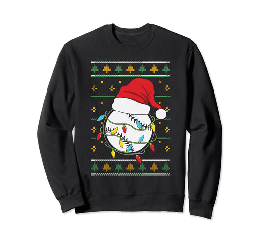 Baseball Ball Santa Hat Lights Sweatshirt - Novelty Apparel for Adults - T-Shirt, Sweatshirt, Hoodie