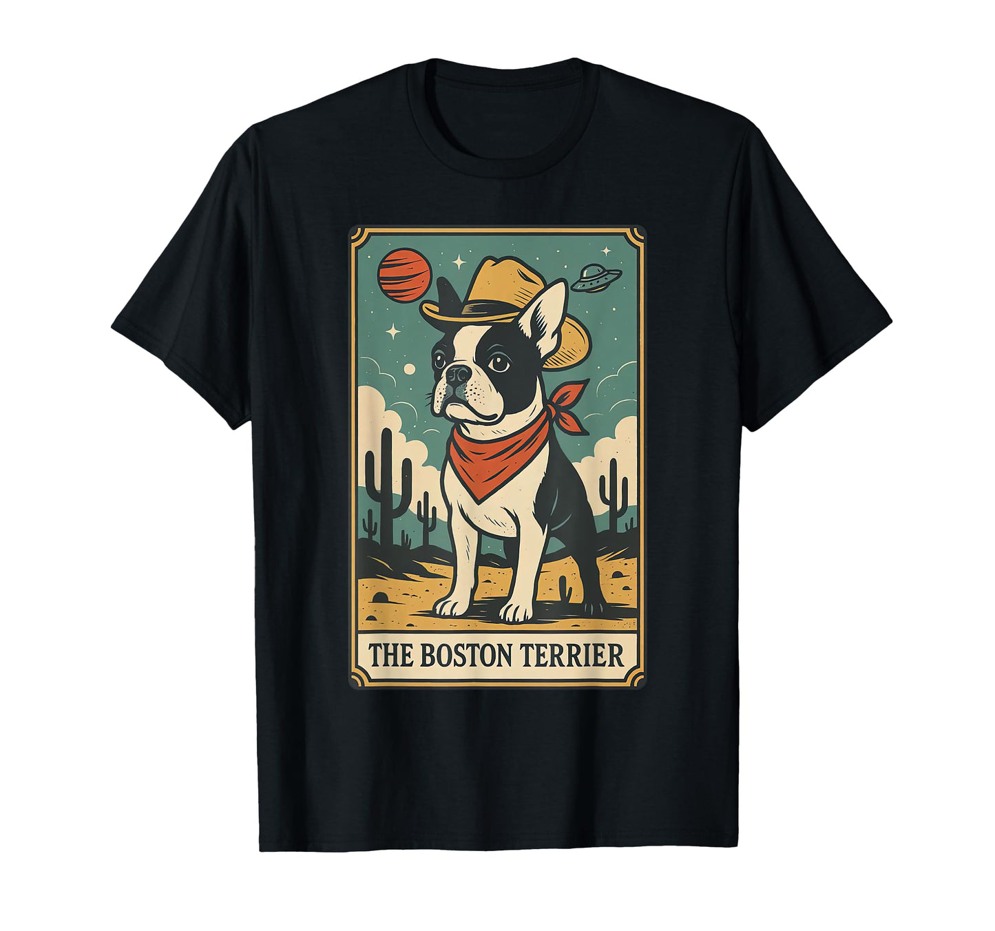 Boston Terrier Tarot Card Cowboy Dog T-Shirt - Minimalist Print for Adults - T-Shirt, Sweatshirt, Hoodie