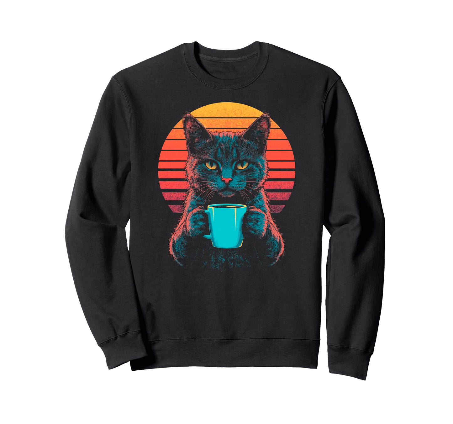 Cat Drinking Coffee Synthwave Sweatshirt - Fun Novelty Design for Adults - T-Shirt, Sweatshirt, Hoodie