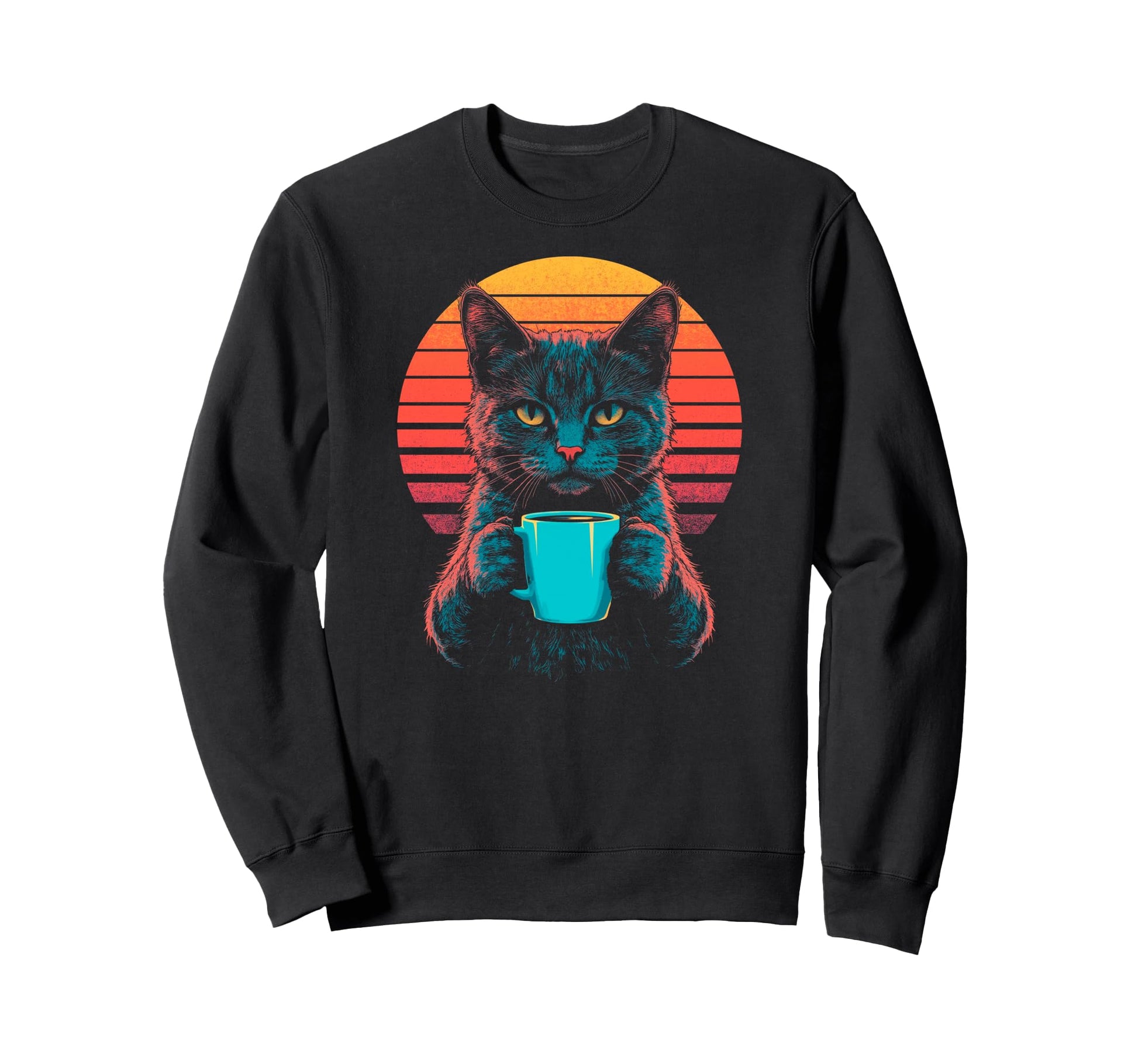 Cat Drinking Coffee Synthwave Sweatshirt - Fun Novelty Design for Adults - T-Shirt, Sweatshirt, Hoodie