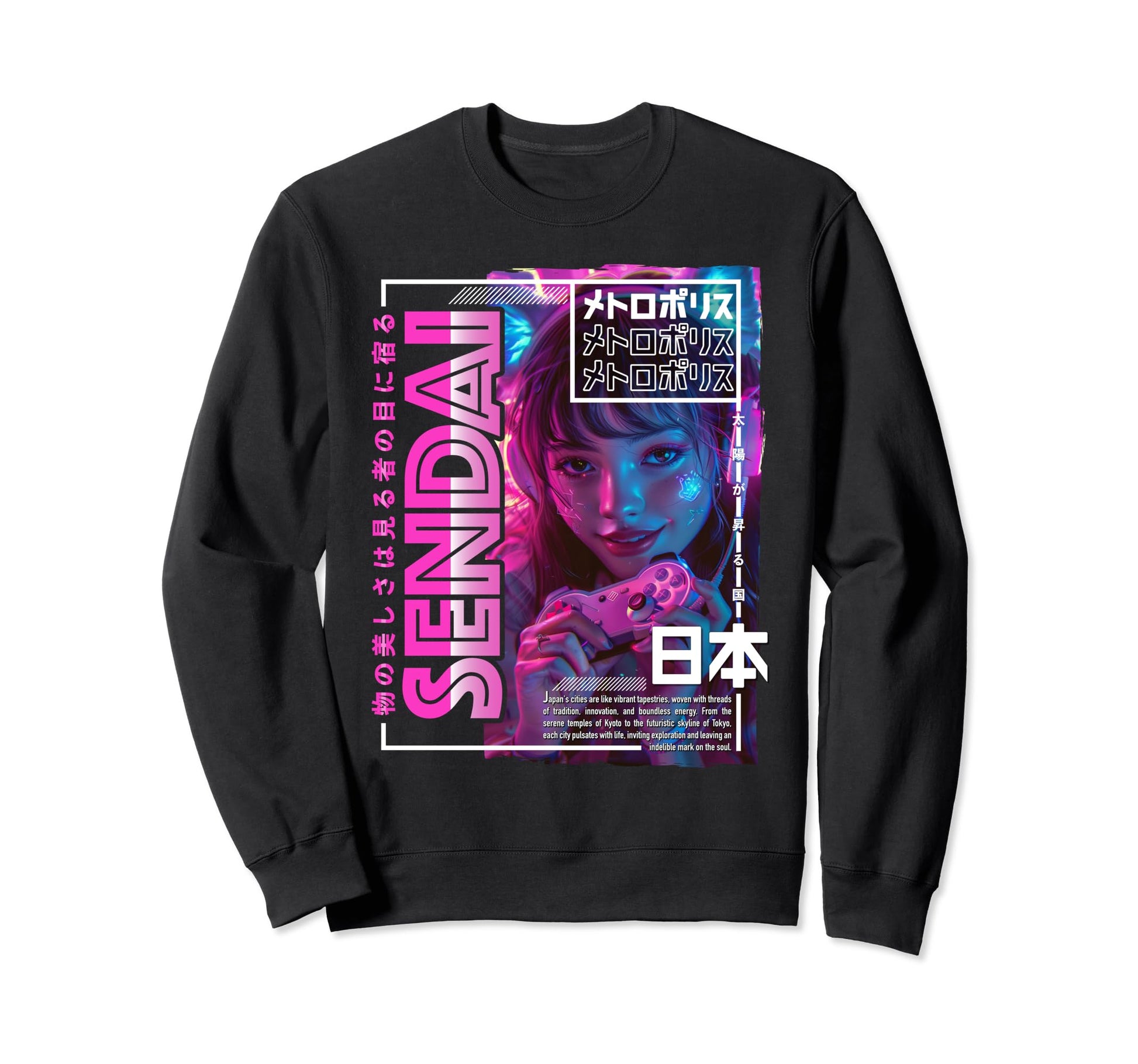 Sendai City 80S Synthwave E Sweatshirt - Aesthetic Graphic for Adults - T-Shirt, Sweatshirt, Hoodie