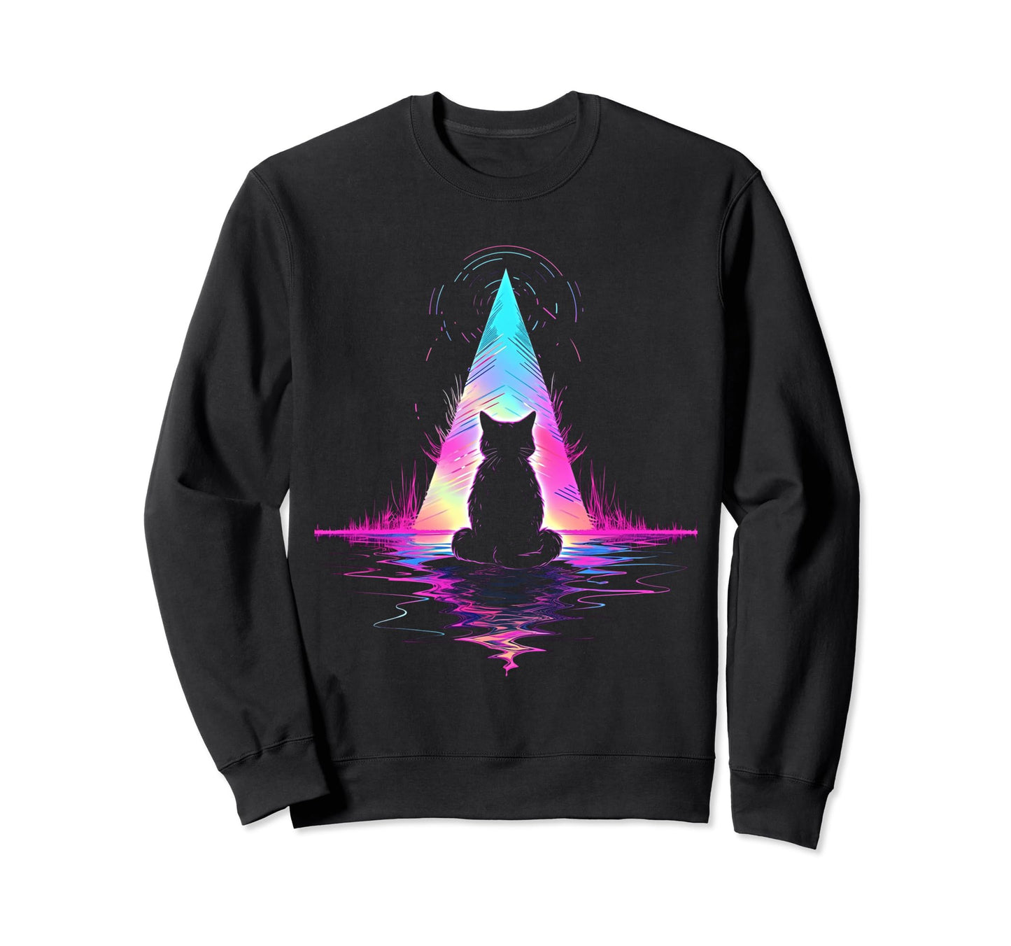Synthwave Cat Samurai Mediation Sweatshirt - Aesthetic Graphic for Adults - T-Shirt, Sweatshirt, Hoodie