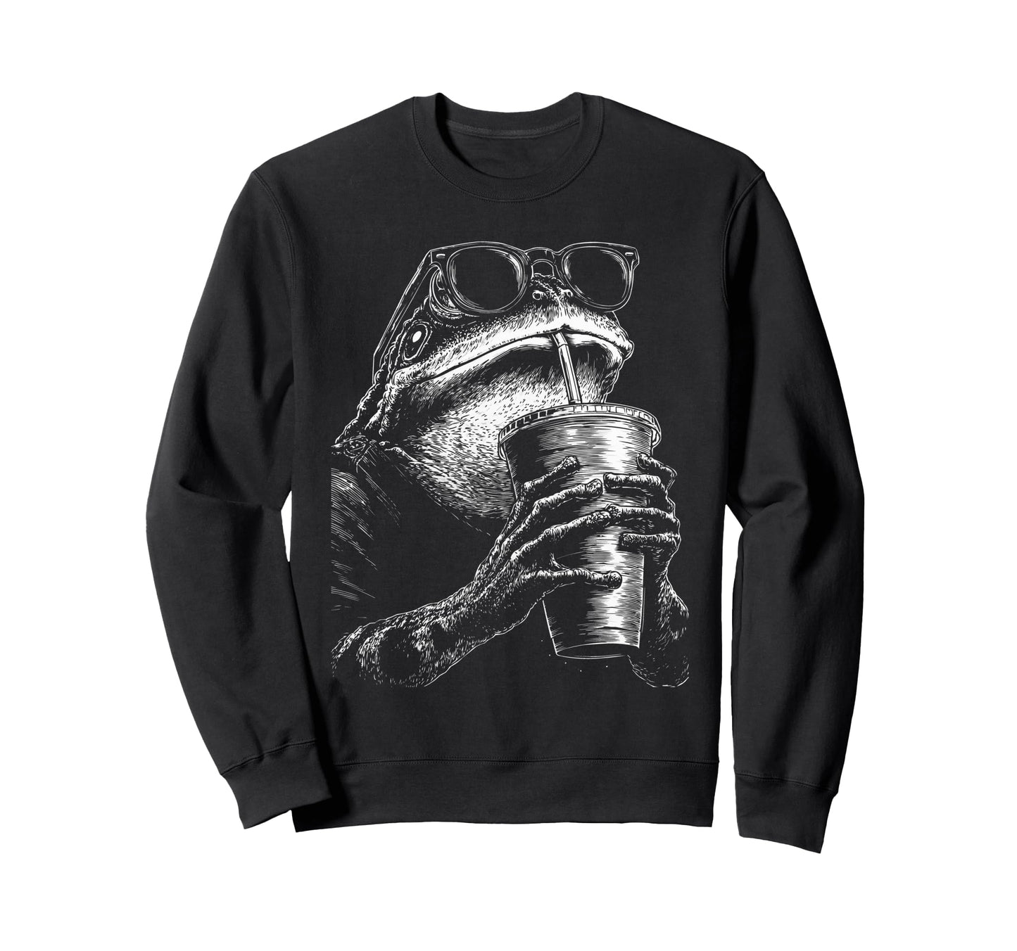 Frog Drinking Iced Coffee Funny Sweatshirt - Casual Everyday Wear Unisex - T-Shirt, Sweatshirt, Hoodie