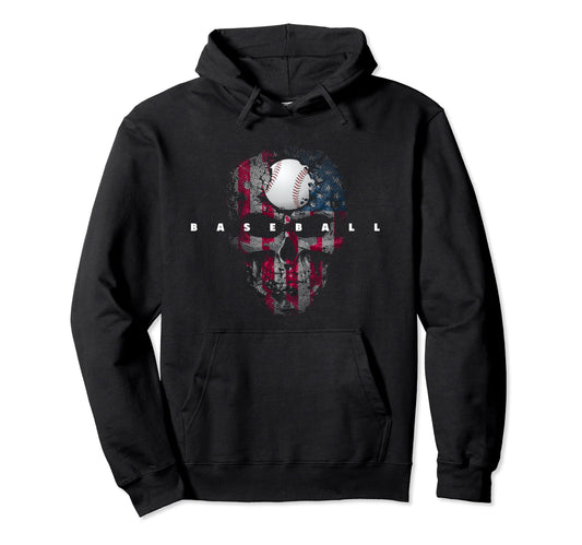 American Flag Skull Baseball Baseball Hoodie - Trendy Graphic Unisex - T-Shirt, Sweatshirt, Hoodie