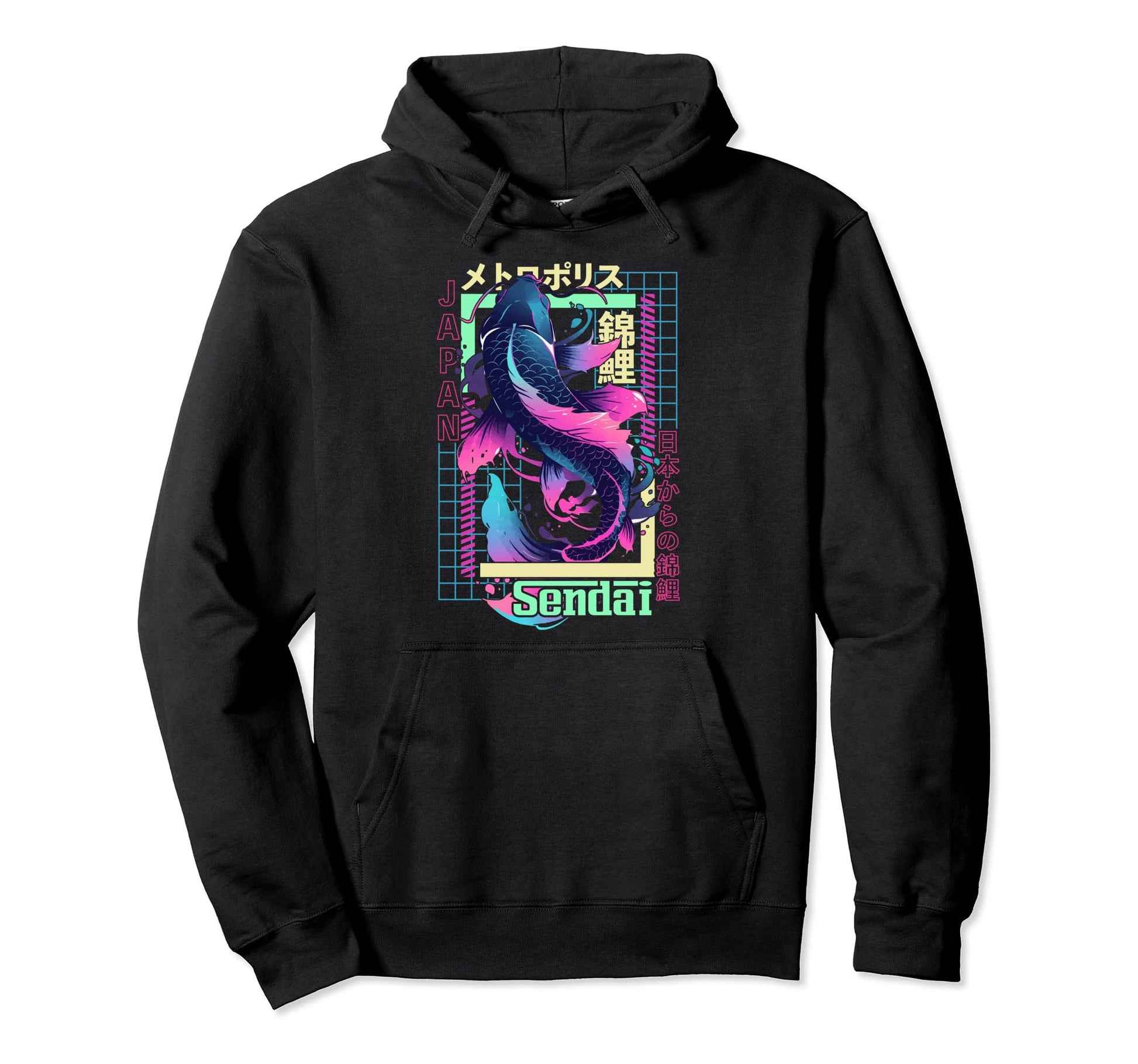 Sendai City Synthwave 80S Koi Carp Hoodie - Novelty Apparel Men Women - T-Shirt, Sweatshirt, Hoodie