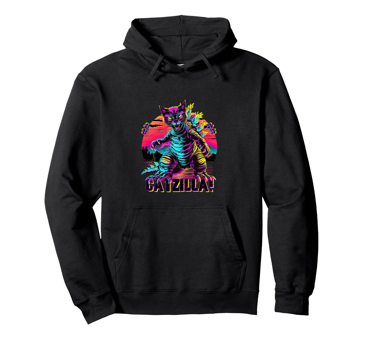 Streetwear Synthwave 80S 90S Catzilla Hoodie - Trendy Graphic for Adults - T-Shirt, Sweatshirt, Hoodie