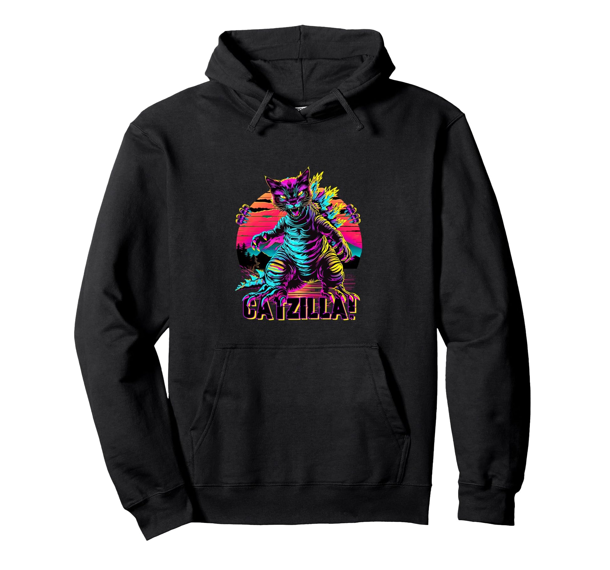 Streetwear Synthwave 80S 90S Catzilla Hoodie - Trendy Graphic for Adults - T-Shirt, Sweatshirt, Hoodie
