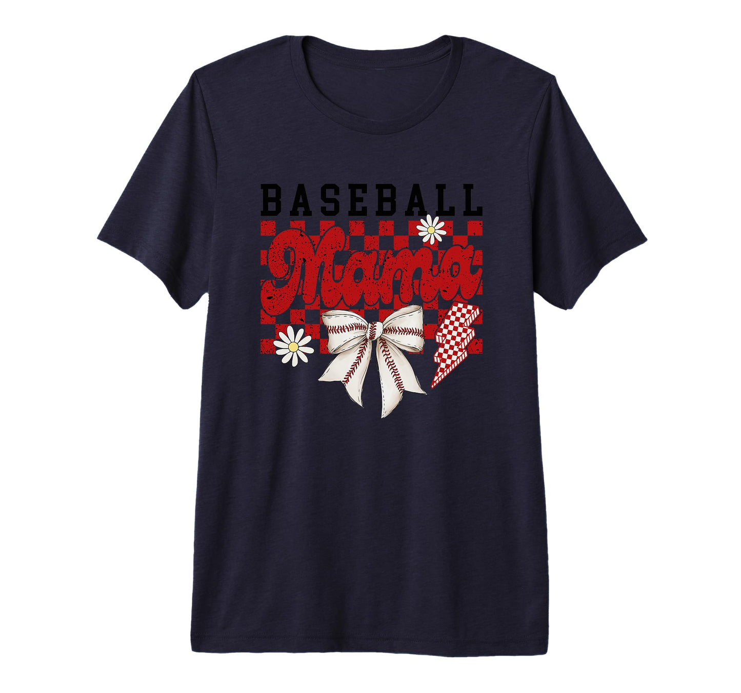 Baseball Mama Checkered Daisy Lightning Bow T-Shirt - Graphic Print Unisex - T-Shirt, Sweatshirt, Hoodie