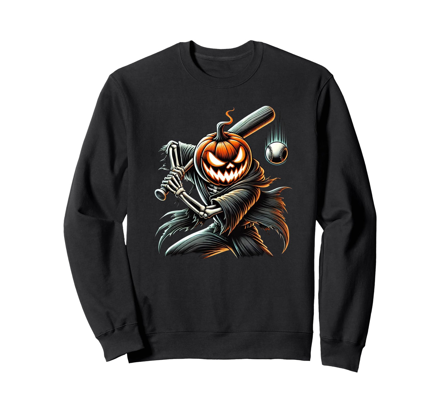 Skeleton Baseball Player Pumpkin Head Sweatshirt - Unique Graphic Unisex - T-Shirt, Sweatshirt, Hoodie