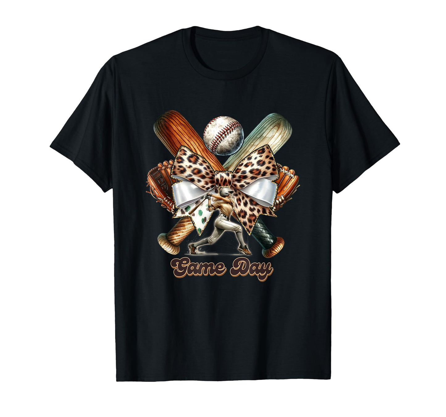 Game Day Baseball Bat Bow Leopard T-Shirt - Novelty Apparel Men Women - T-Shirt, Sweatshirt, Hoodie