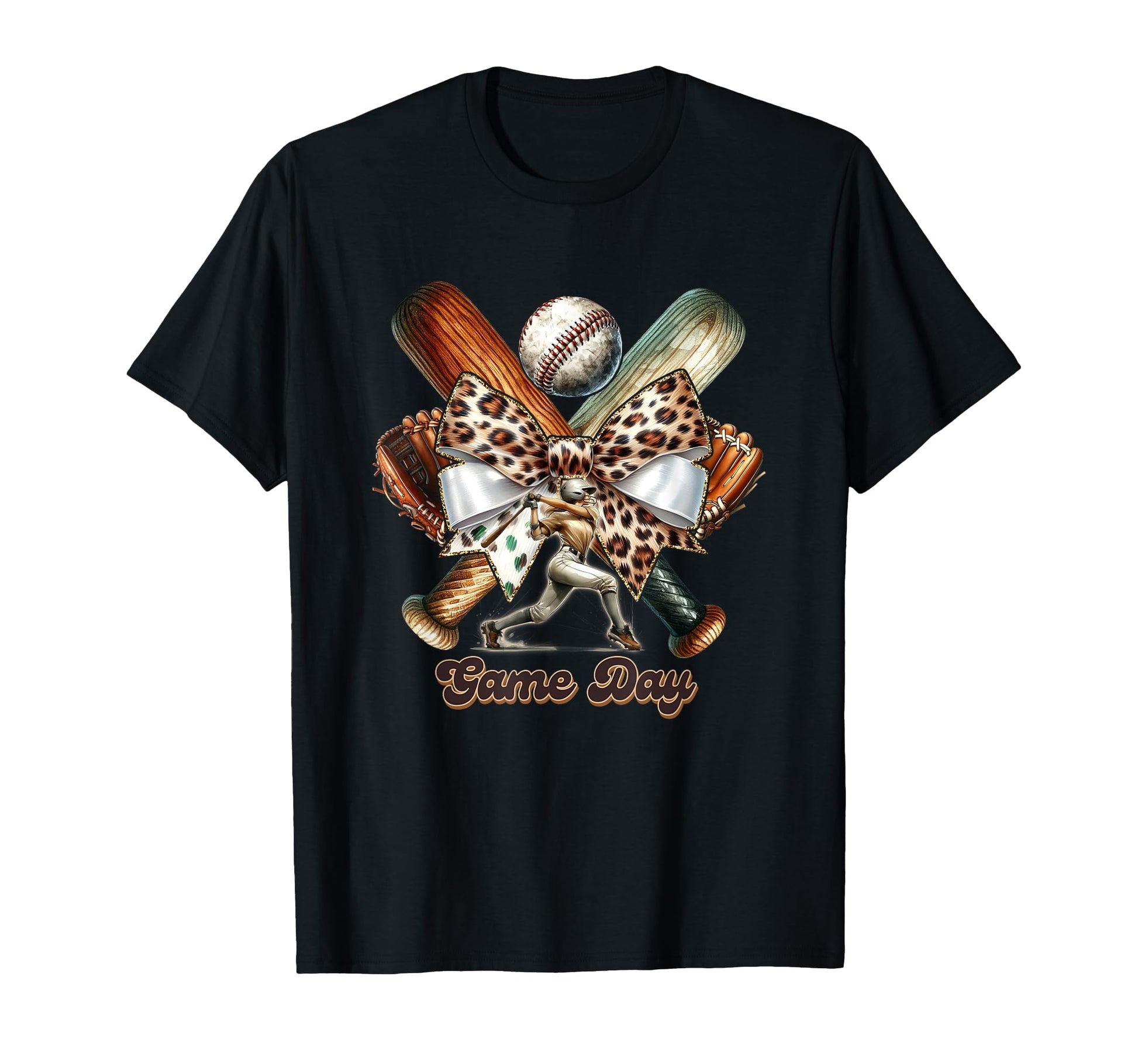 Game Day Baseball Bat Bow Leopard T-Shirt - Novelty Apparel Men Women - T-Shirt, Sweatshirt, Hoodie
