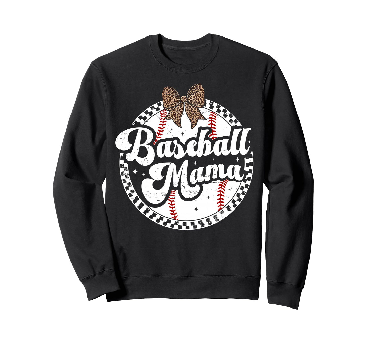 Baseball Mom Leopard Bow Checkered Sweatshirt - Novelty Apparel Men Women - T-Shirt, Sweatshirt, Hoodie
