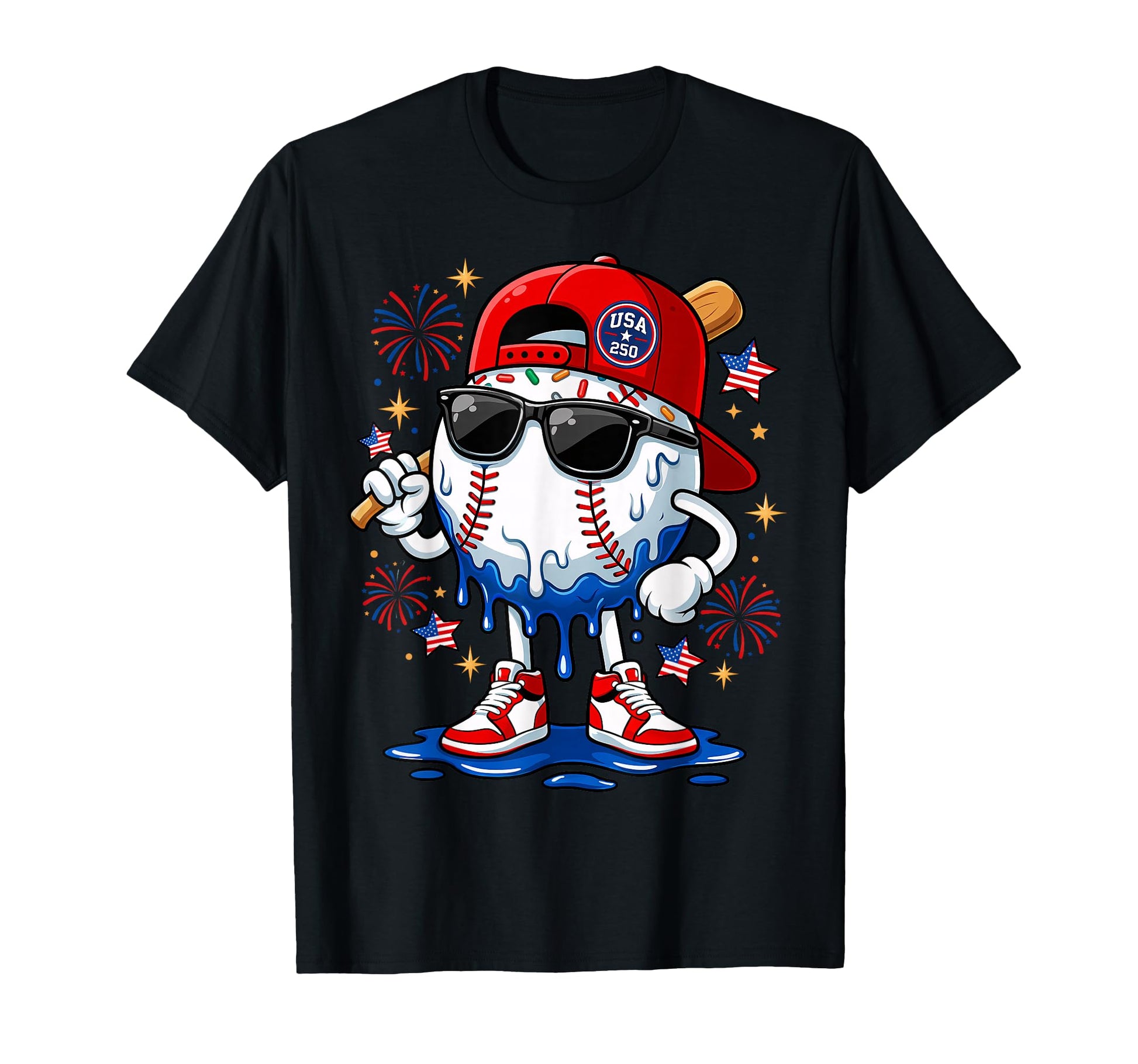 4Th July Baseball Drip 250 Years T-Shirt - Fun Novelty Design for Adults - T-Shirt, Sweatshirt, Hoodie