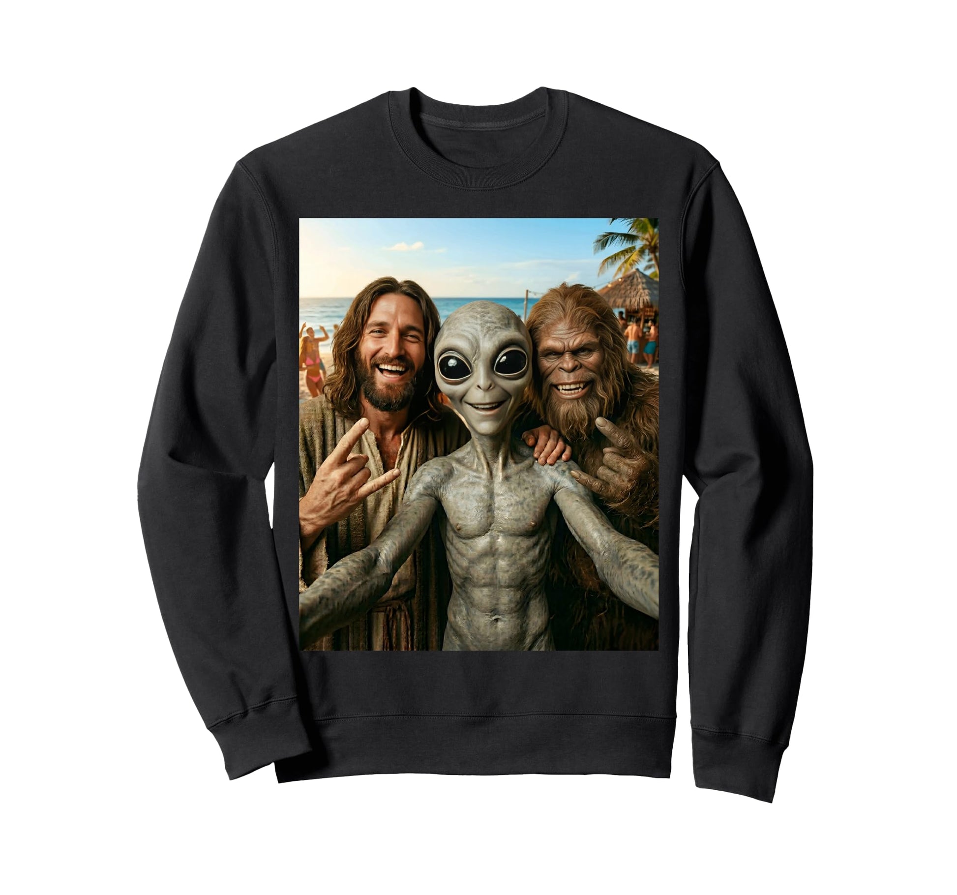 Funny Bigfoot Alien Jesus Rock Hand Sweatshirt - Unique Graphic Unisex - T-Shirt, Sweatshirt, Hoodie