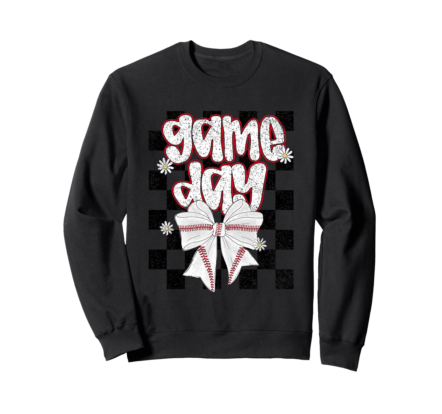 Game Day Baseball Bow Checkered Sweatshirt - Aesthetic Graphic Men Women - T-Shirt, Sweatshirt, Hoodie