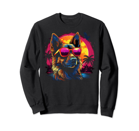 80S Synthwave German Shepherd Sweatshirt - Fun Novelty Design Unisex - T-Shirt, Sweatshirt, Hoodie