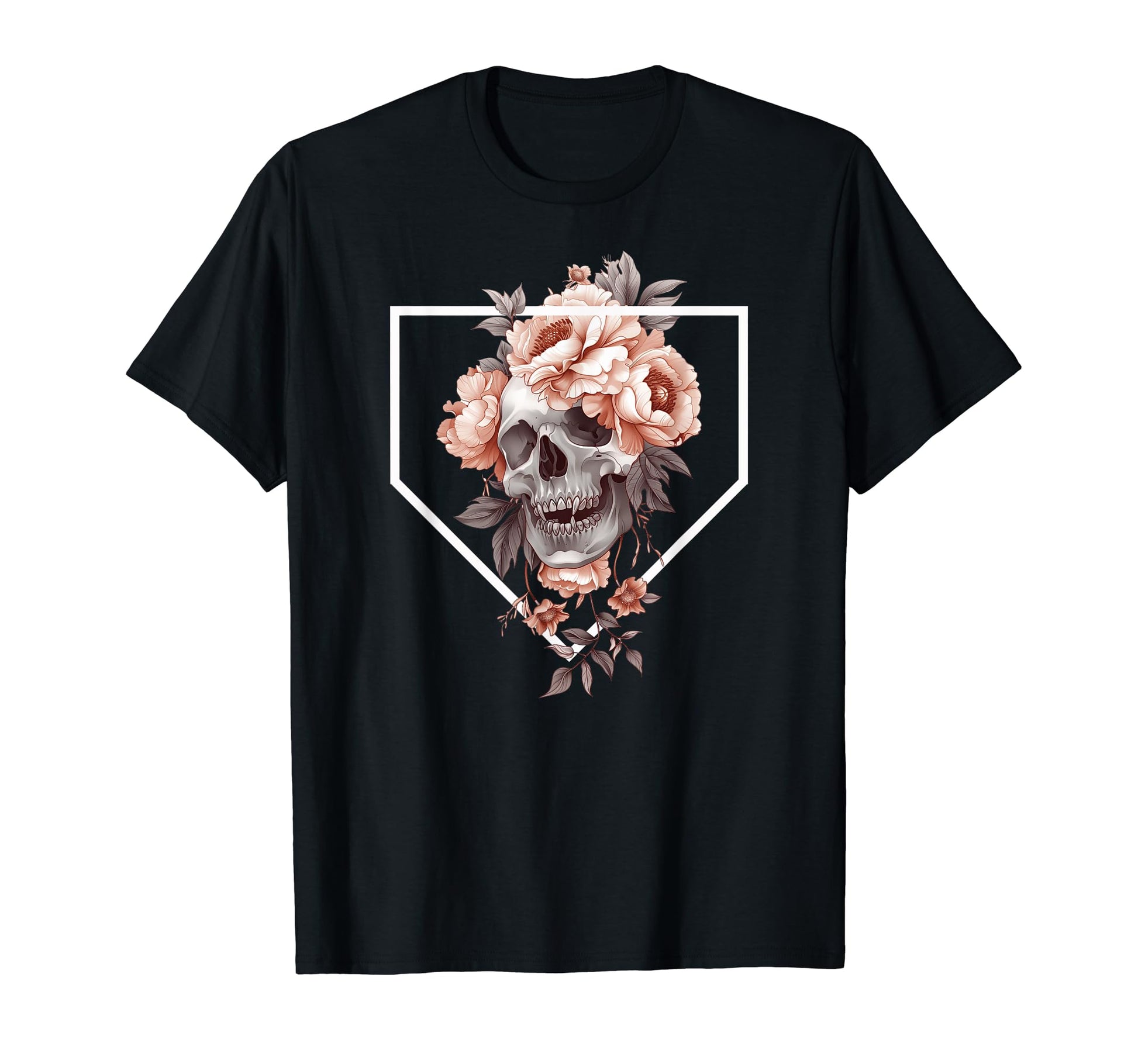 Homeplate Skull Flowers Baseball Softball T-Shirt - Minimalist Print Unisex - T-Shirt, Sweatshirt, Hoodie