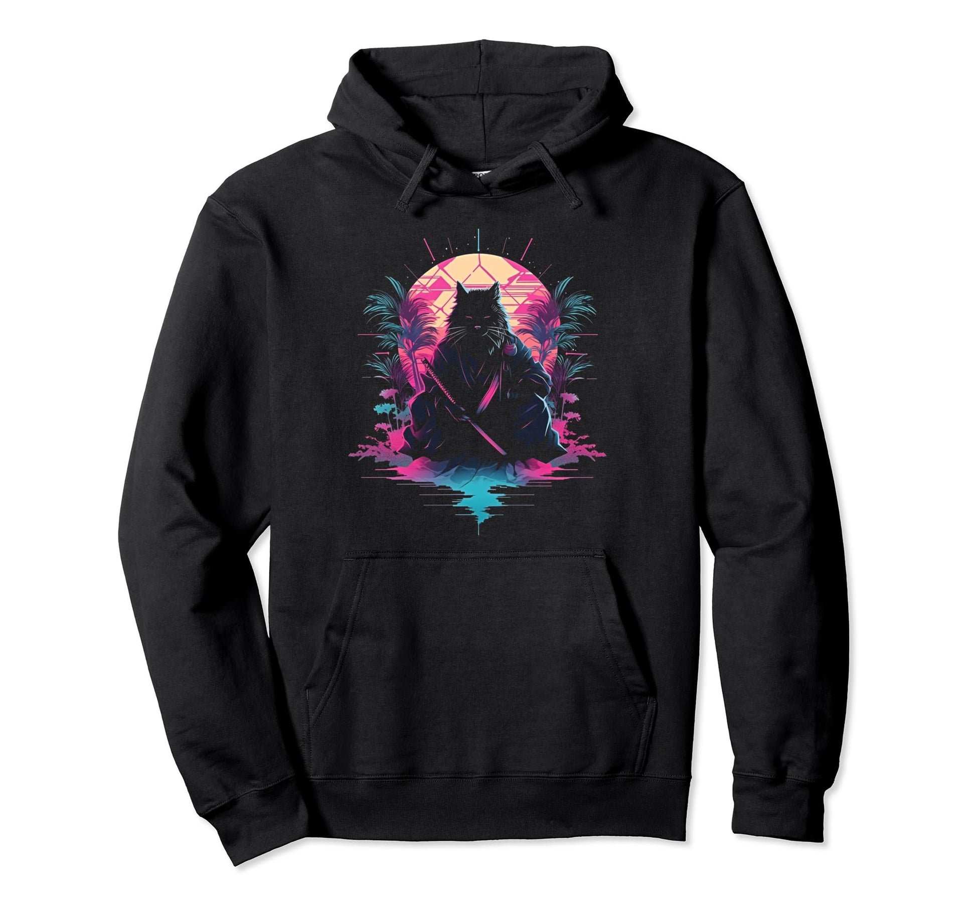 Synthwave Cat Samurai Mediation Vaporwave Hoodie - Custom Art Print Unisex - T-Shirt, Sweatshirt, Hoodie