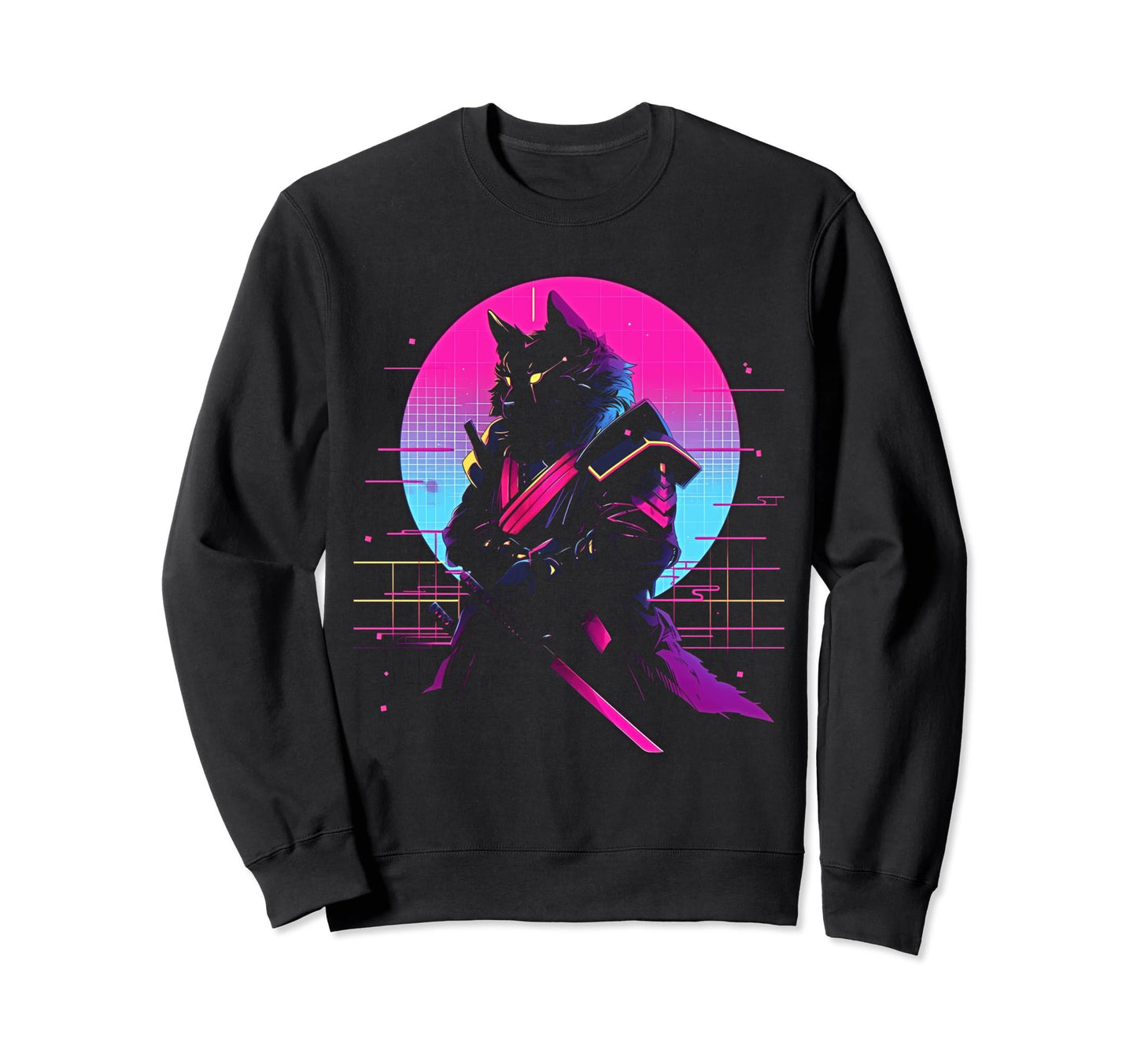 Synthwave Cat Samurai Mediation Sweatshirt - Streetwear Style for Adults - T-Shirt, Sweatshirt, Hoodie