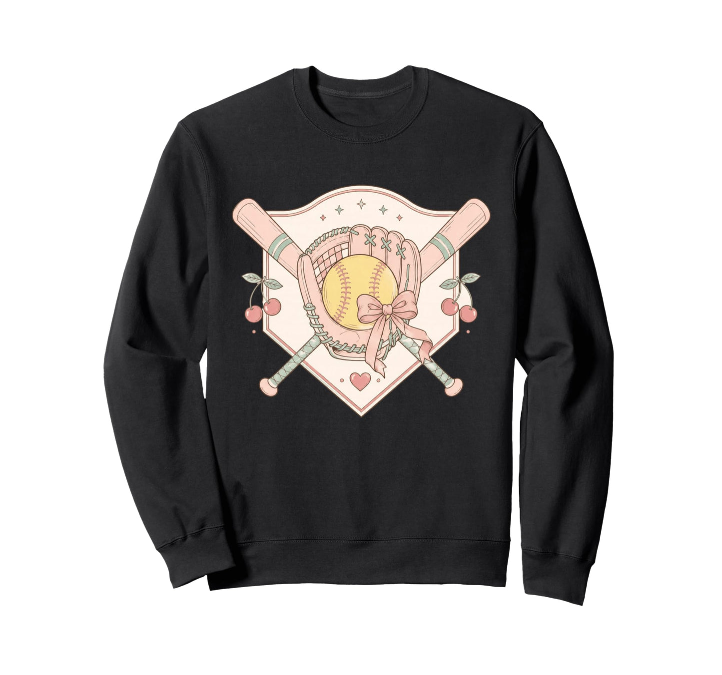Softball Baseball Glove Bat Bow Cherry Sweatshirt - Graphic Print Unisex - T-Shirt, Sweatshirt, Hoodie