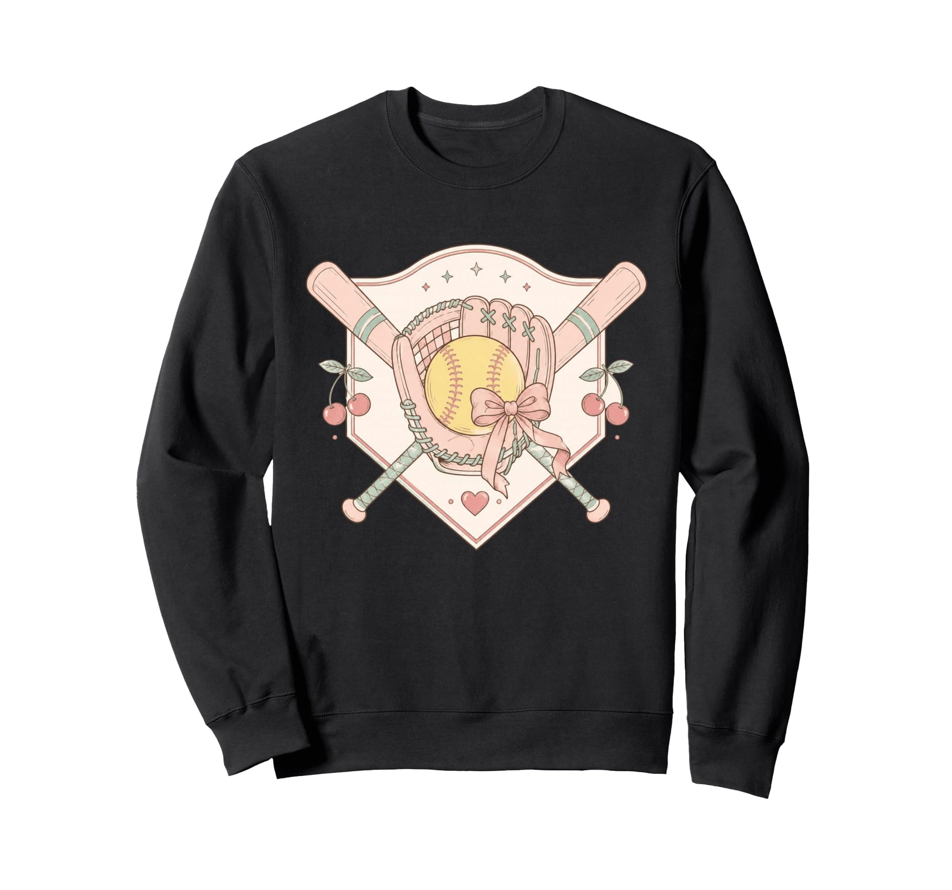 Softball Baseball Glove Bat Bow Cherry Sweatshirt - Graphic Print Unisex - T-Shirt, Sweatshirt, Hoodie