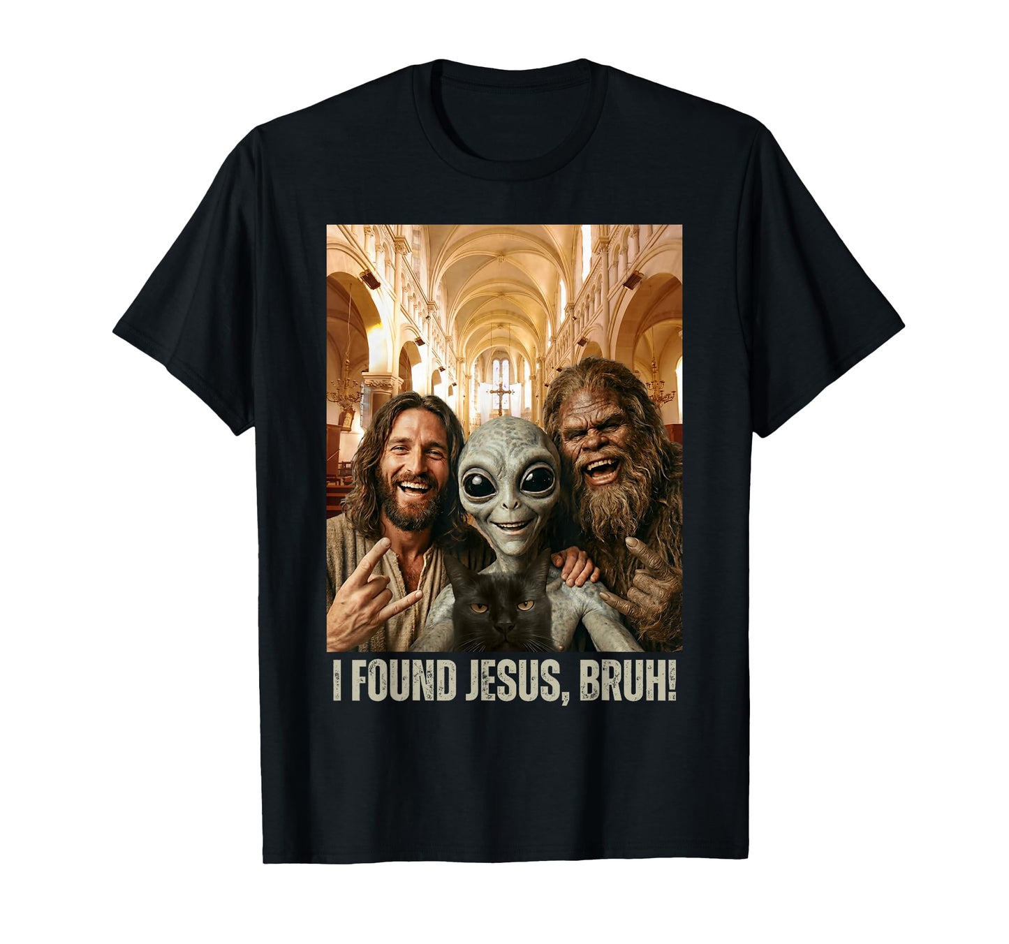 Bruh Bigfoot Alien Jesus Rock Hand T-Shirt - Unique Graphic for Adults - T-Shirt, Sweatshirt, Hoodie