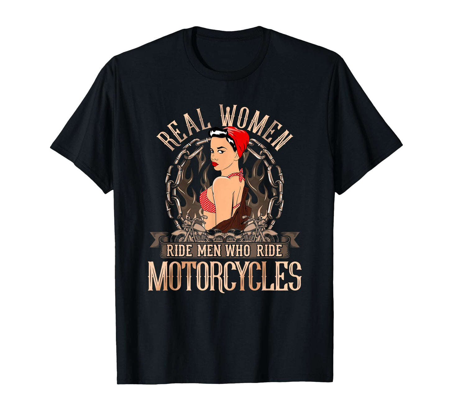 Real Ride Motorcycles Biker Babe Pin Up T-Shirt - Graphic Print for Adults - T-Shirt, Sweatshirt, Hoodie