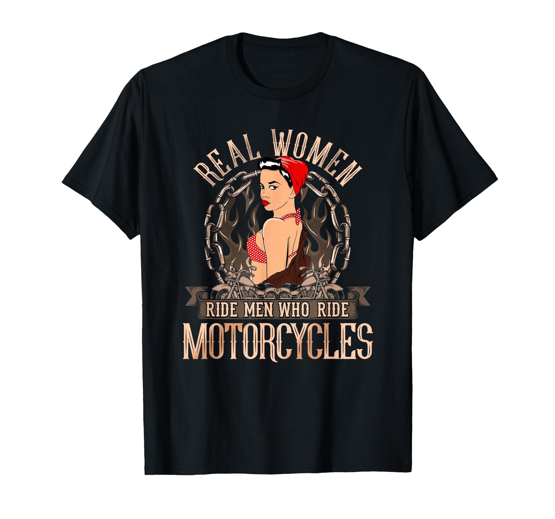 Real Ride Motorcycles Biker Babe Pin Up T-Shirt - Graphic Print for Adults - T-Shirt, Sweatshirt, Hoodie
