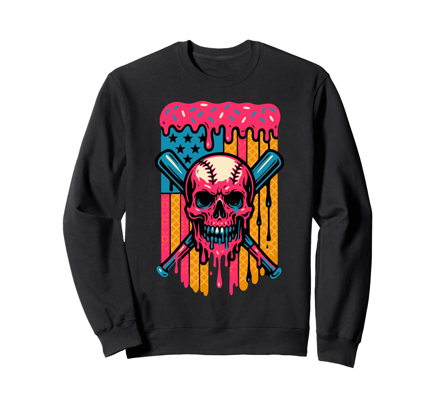 Dripping Baseball Skull Usa Flag Sweatshirt - Aesthetic Graphic Unisex - T-Shirt, Sweatshirt, Hoodie