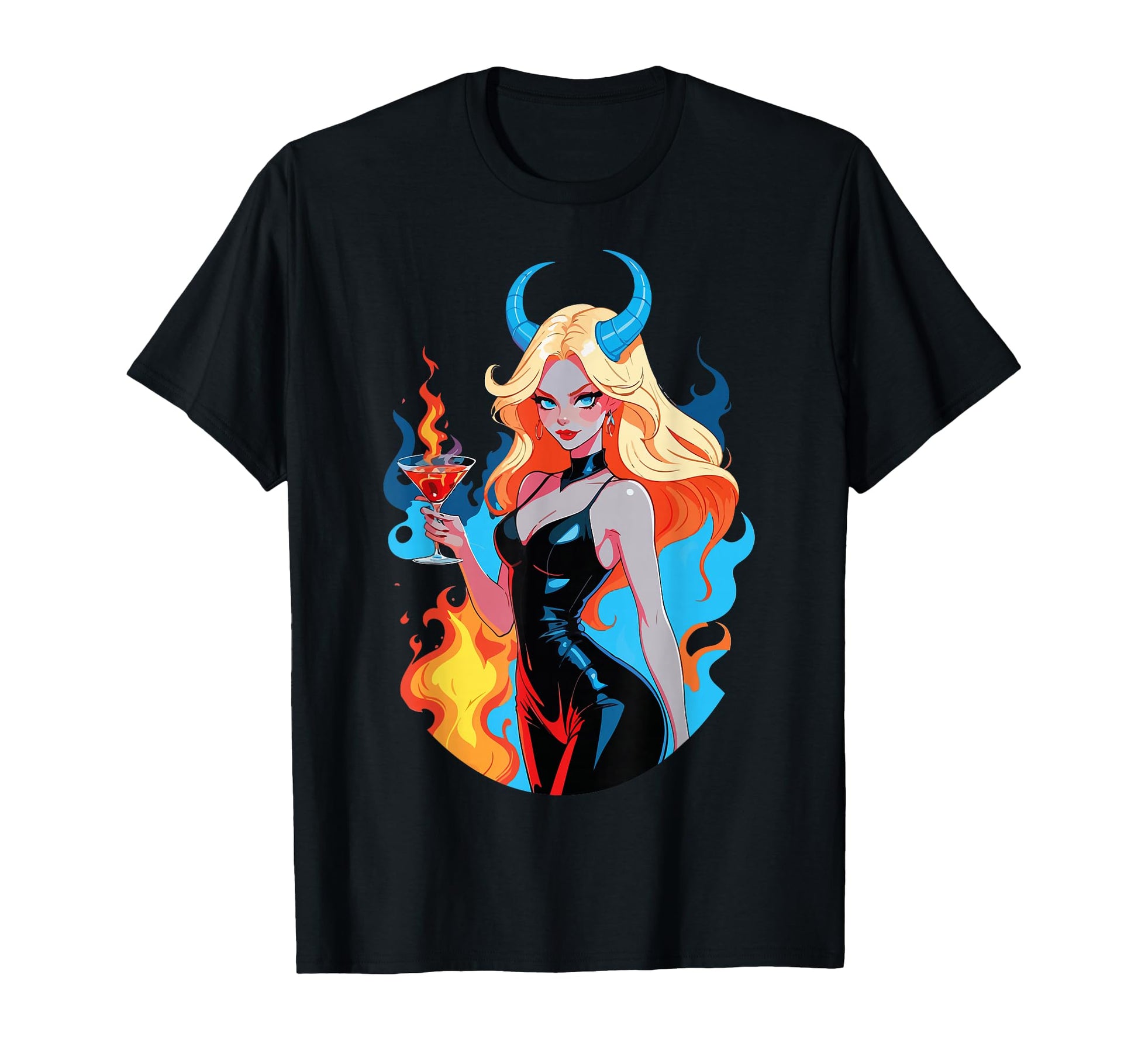 Edgy Fiery Pinup Devilish Horns Bold T-Shirt - Custom Art Print for Adults - T-Shirt, Sweatshirt, Hoodie