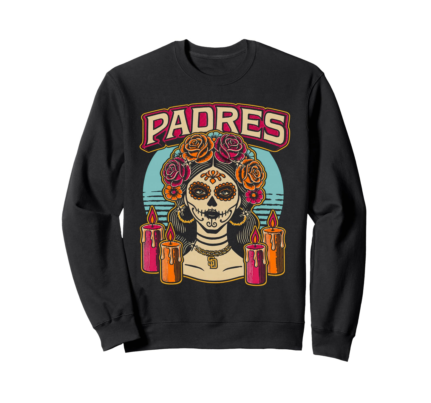 Padres Sugar Skull Catrina Roses Sweatshirt - Unique Graphic for Adults - T-Shirt, Sweatshirt, Hoodie