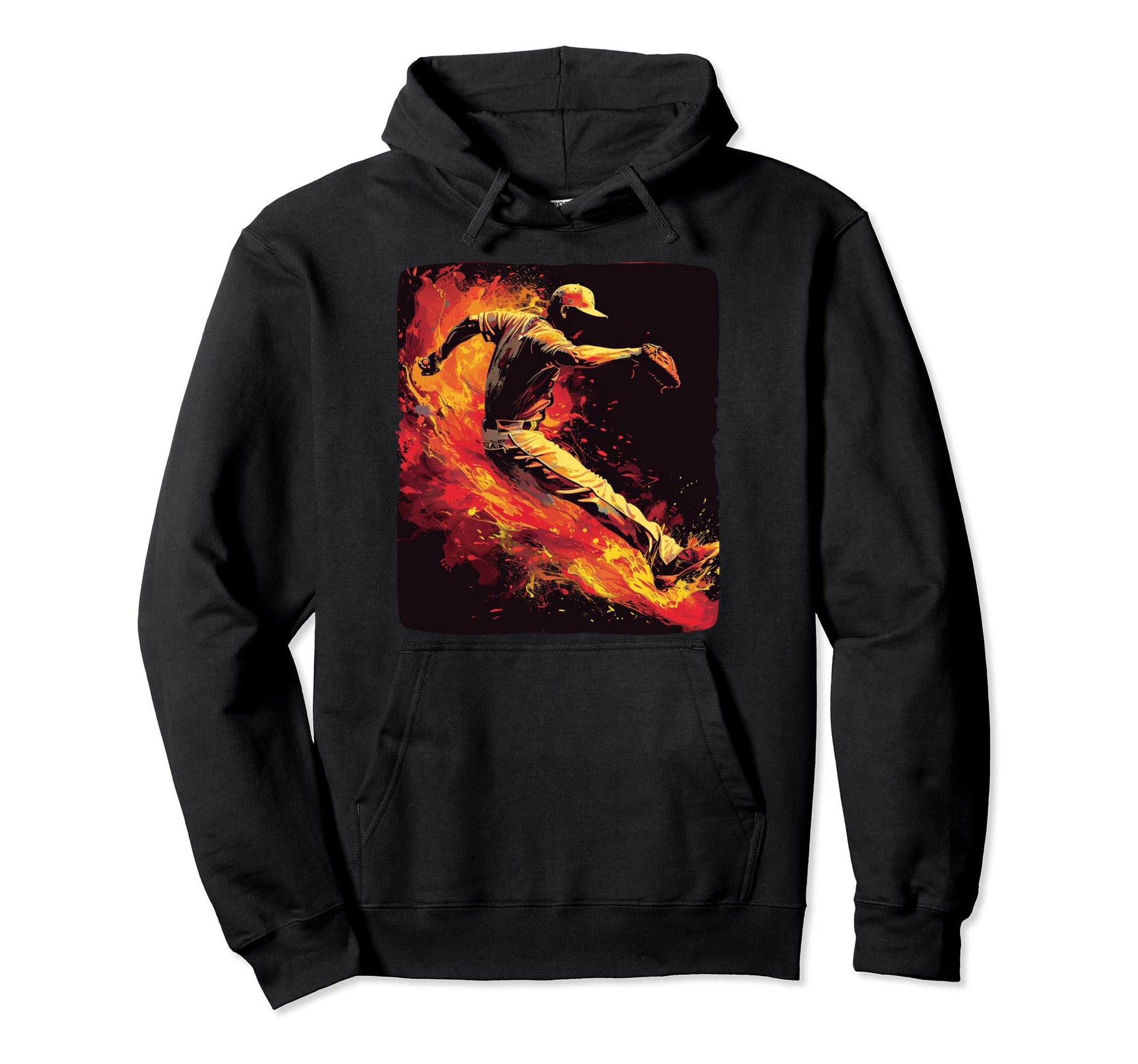Burning Baseball Player Flames And Fire Hoodie - Unique Graphic Men Women - T-Shirt, Sweatshirt, Hoodie